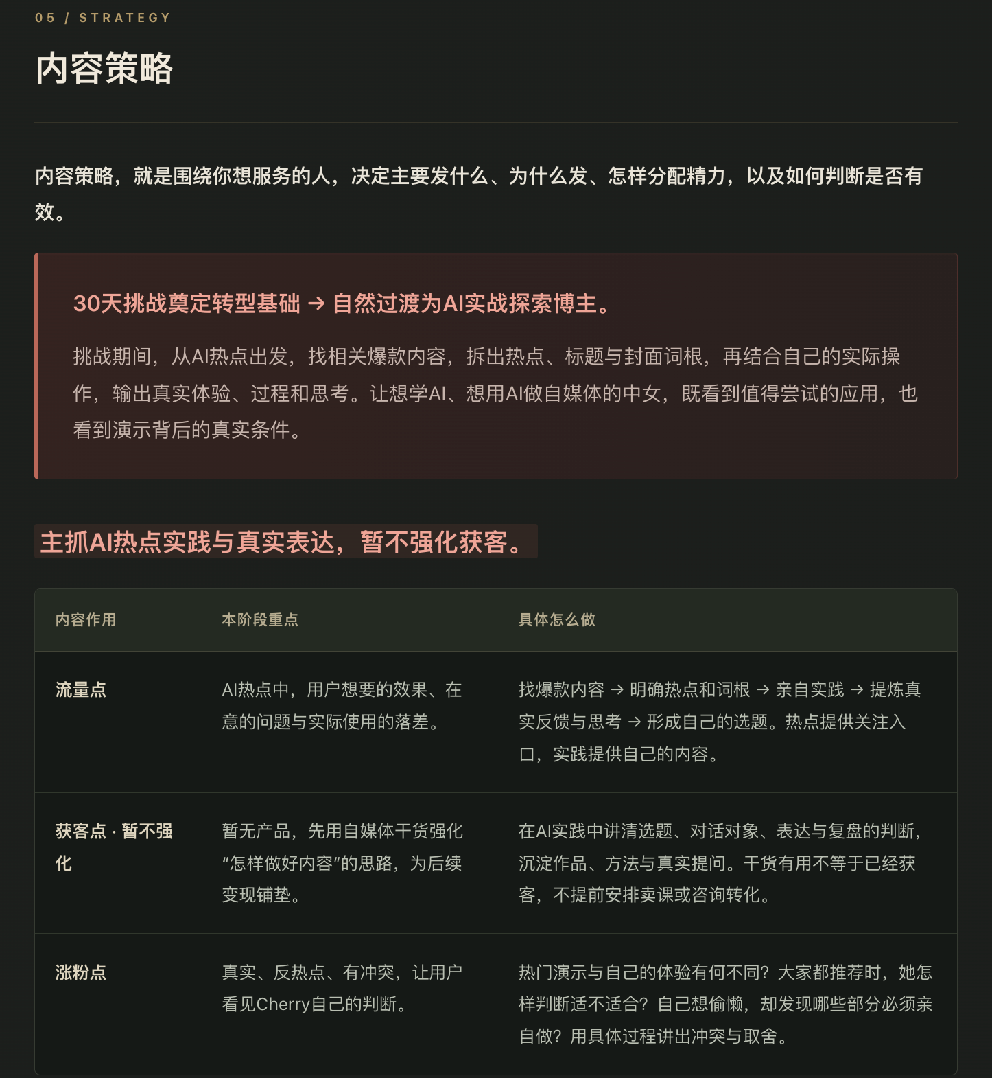 内容策略报告截图：流量点、获客点与涨粉点